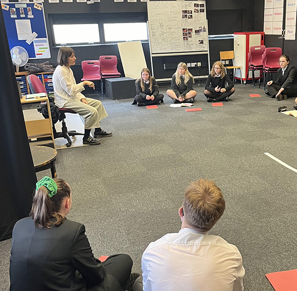 actress Josephine Rogers in the drama department with students